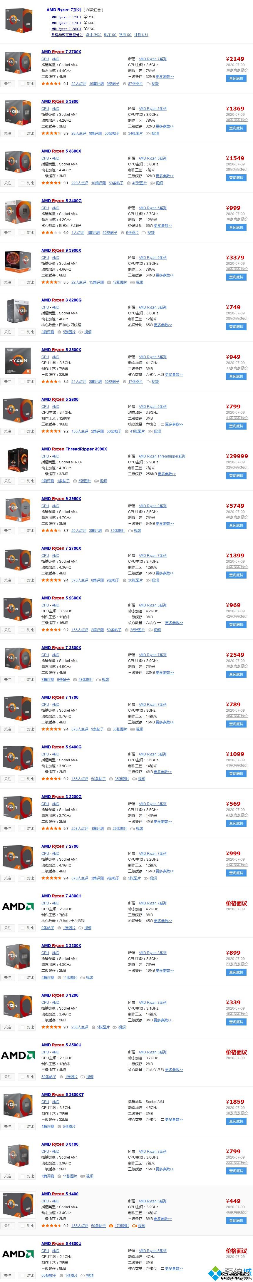 amd锐龙处理器排行_2020年7月锐龙系列cpu性能排行