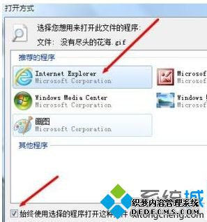 勾选下面的“始终使用选择的程序打开这种文件”